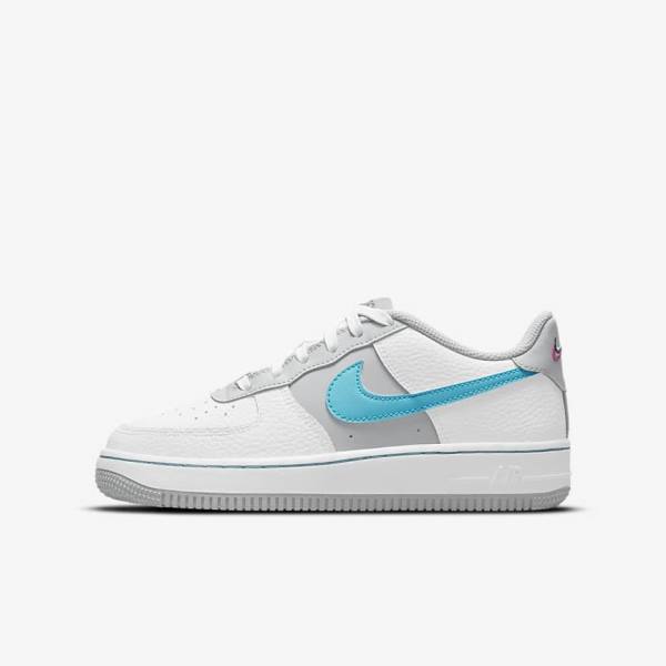 Kids\' Nike Air Force 1 EMB Older Sneakers White / Grey / Turquoise Blue | NK805REF