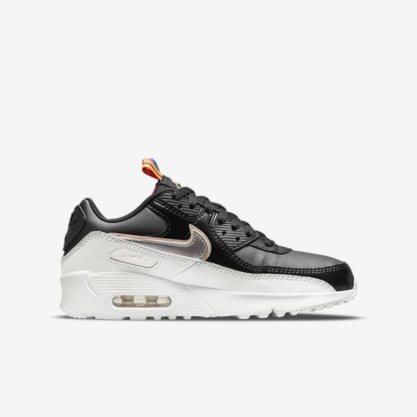 Kids' Nike Air Max 90 LTR SE Older Sneakers Black / White / Metal Blue Grey | NK517BOM