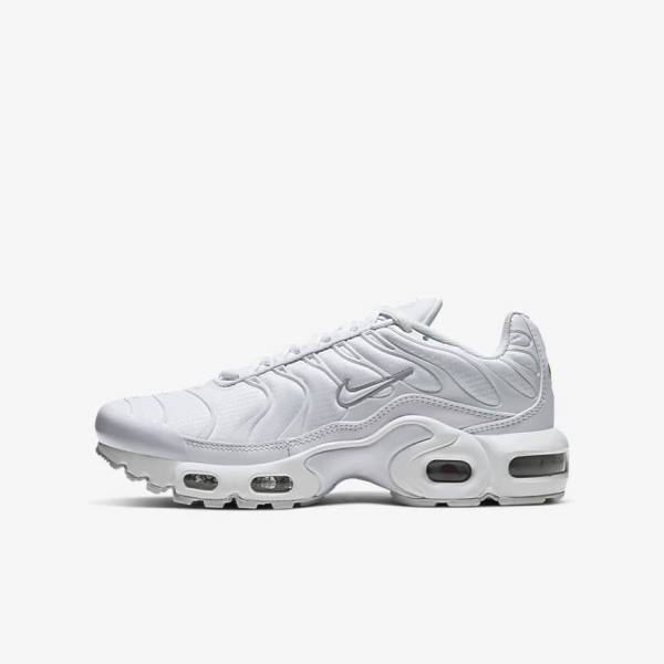 Kids\' Nike Air Max Plus Older Sneakers White / Metal Silver / White | NK741HBR