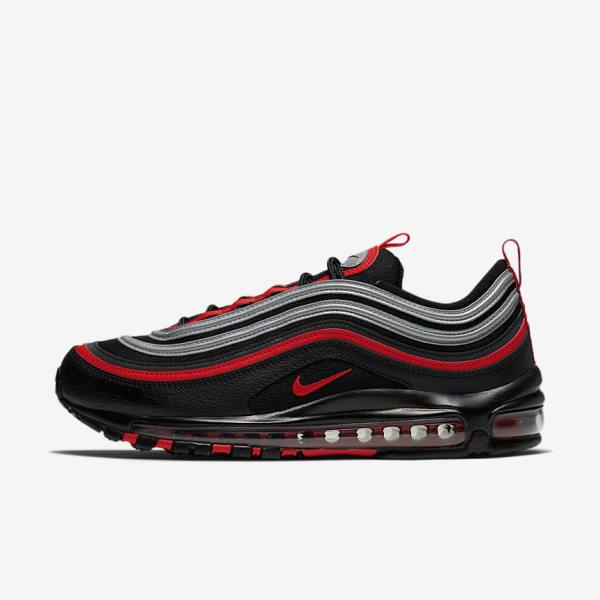 Men\'s Nike Air Max 97 Sneakers Black / Metal Silver / Red | NK639TVE