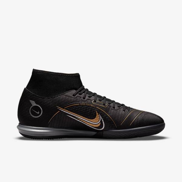 Men's Nike Mercurial Superfly 8 Academy IC Indoor-Court Football Shoes Black / Metal Silver / Grey / Metal Gold | NK280MFO