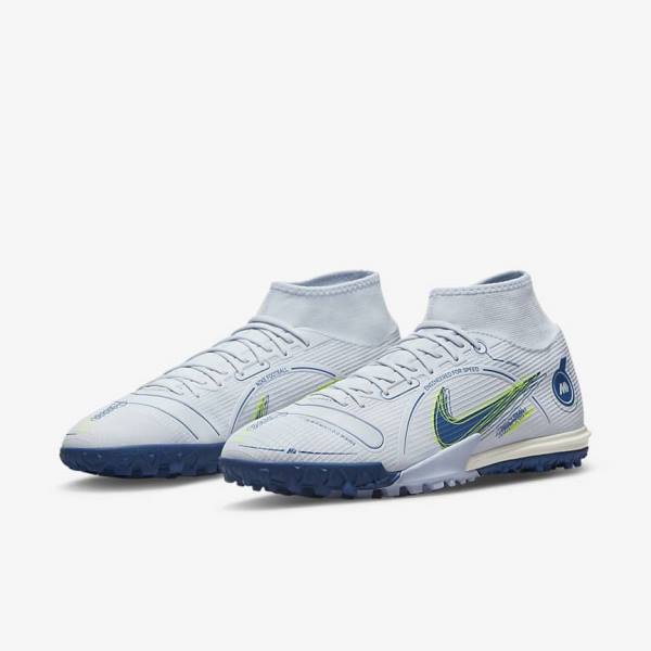 Men's Nike Mercurial Superfly 8 Academy TF Turf Football Shoes Grey / Light Blue / Dark Blue | NK735PDO