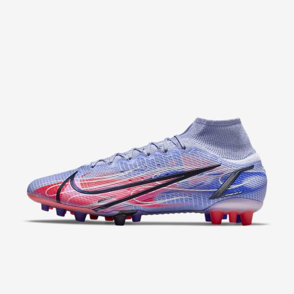 Men\'s Nike Mercurial Superfly 8 Elite KM AG Artificial-Grass Football Shoes Indigo / Light Red / Metal Silver | NK074MOC