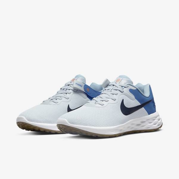 Men's Nike Revolution 6 FlyEase Next Nature Easy-On-And-Off Road (Extra Wide) Running Shoes Platinum / Dark Blue / Blue | NK283JBF