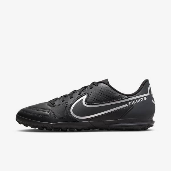 Men\'s Nike Tiempo Legend 9 Club TF Turf Football Shoes Black / Dark Grey | NK293ANV