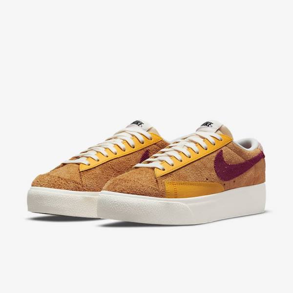 Women's Nike Blazer Low Platform Sneakers Gold / Pink / Burgundy | NK130GAB