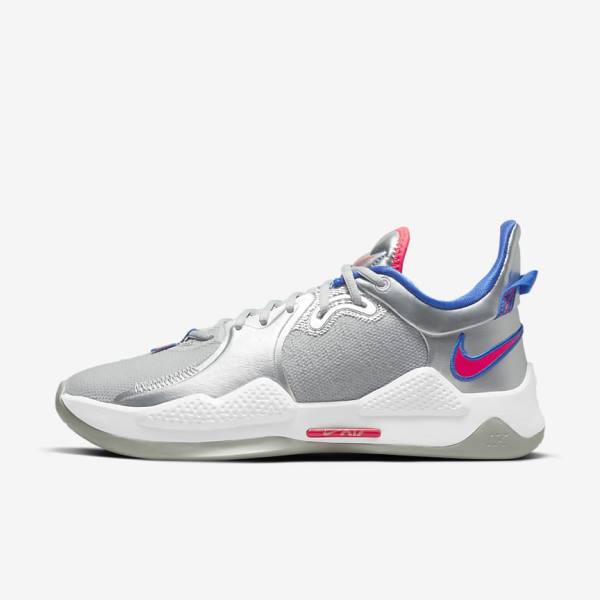 Women\'s Nike PG 5 Basketball Shoes Metal Silver / Royal / Red | NK458DQZ